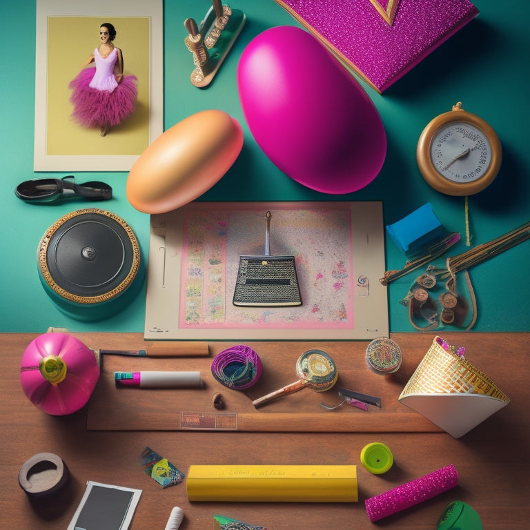 A colorful, whimsical illustration of a dance studio cluttered with essential items: a metronome, ballet barre, mirrors, leotards, pointe shoes, dance mats, and a chalkboard filled with choreography notes.