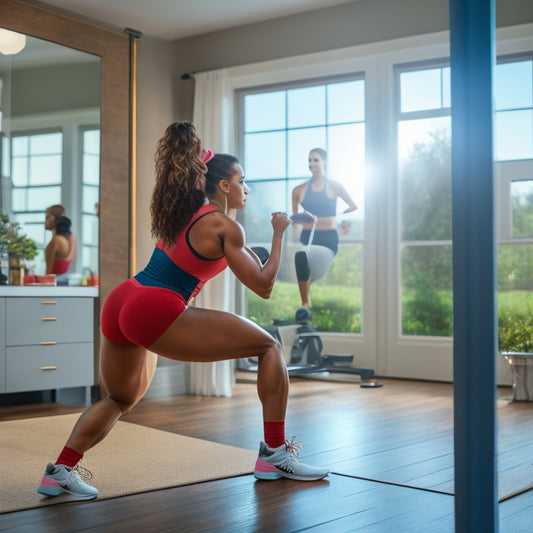 A fit, energetic woman in a bright, airy home gym, surrounded by mirrors and modern equipment, performs a dynamic squat, with a blurred background suggesting intense movement.