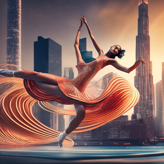 A stylized illustration of a dancer in mid-pose, surrounded by swirling shapes and lines that evoke movement and energy, with a subtle cityscape or nightclub background.