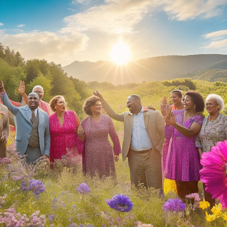 A vibrant, sunlit landscape with a diverse group of people from different ages, abilities, and cultures standing together, looking upwards, with outstretched arms and open hands, surrounded by blooming flowers and butterflies.