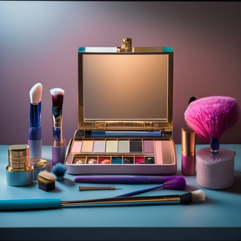 A clutter-free, well-lit vanity with neatly arranged makeup brushes, a color-coded eyeshadow palette, and a miniature makeup bag filled with tiny tools, surrounded by mirrors and softbox lights.