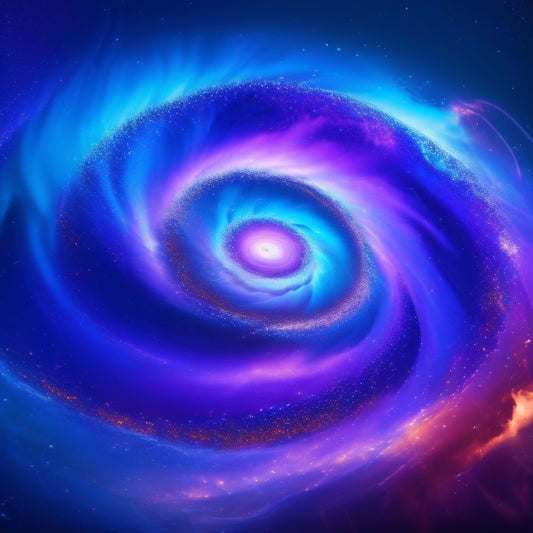 A vibrant, swirling vortex of purple and blue hues, with shimmering silver sparks and tiny, glowing stars, radiating outward from a central axis, evoking dynamic energy and limitless possibility.