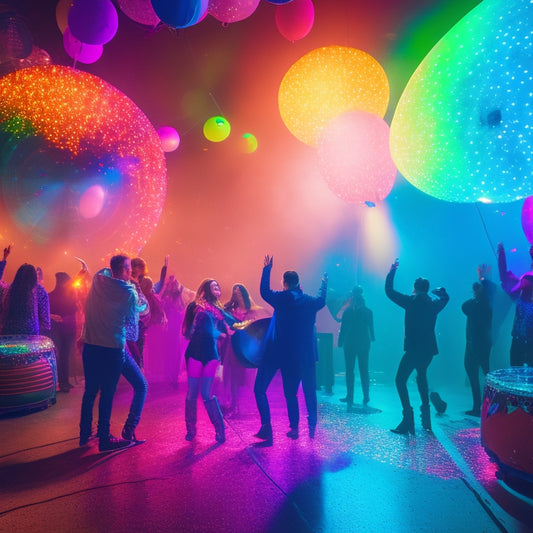 A vibrant, neon-lit dance floor scene at night, with confetti and balloons suspended in mid-air, surrounded by dancing silhouettes, and a giant, glowing vinyl record in the center.