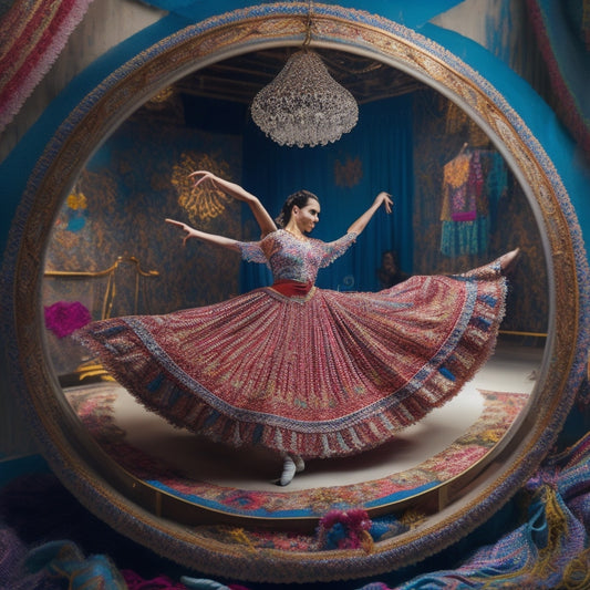 A whimsical illustration featuring a dancer surrounded by swirling patterns of colorful fabrics, threads, and lace, with scissors, needles, and threads scattered around, amidst a subtle background of dance studio mirrors.