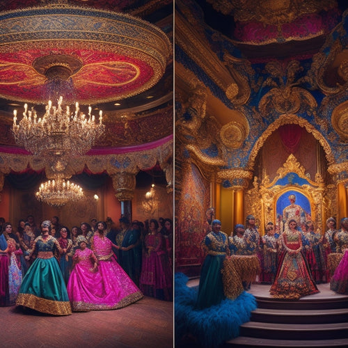 A dimly lit, ornate theater with a grand staircase; a diverse group of performers, adorned in vibrant, traditional attire, frozen in dynamic poses, surrounded by swirling patterns of colorful fabrics and cultural symbols.