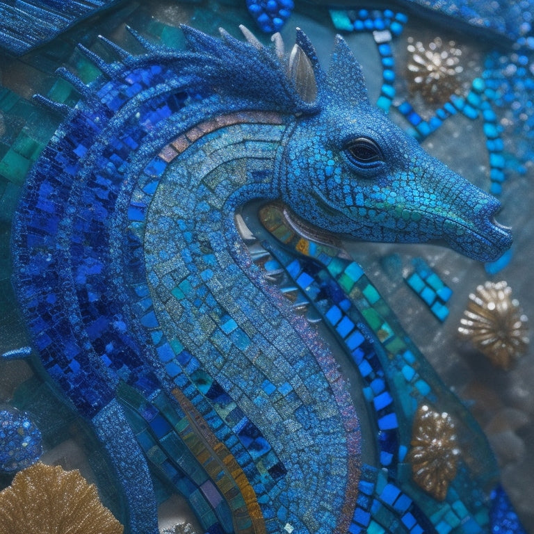 A vibrant, intricate mosaic art piece featuring a majestic seahorse, crafted from thousands of shimmering glass tiles in shades of turquoise, emerald, and sapphire, set against a dark blue background.