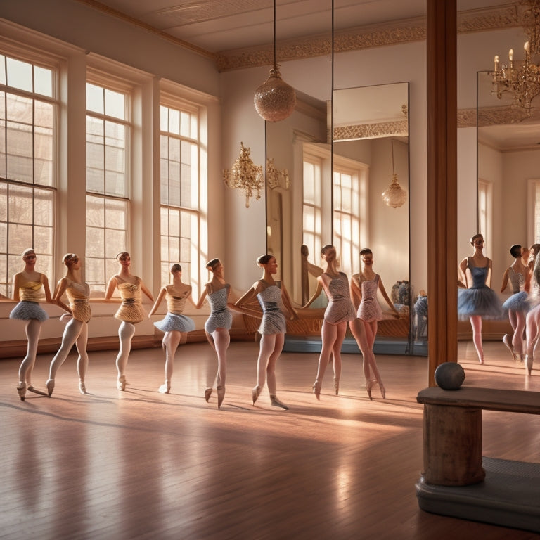 A ballet studio interior with a horizontal wooden bar attached to a mirrored wall, surrounded by ballet shoes and a few dancers in various poses, with soft natural light and a warm color palette.