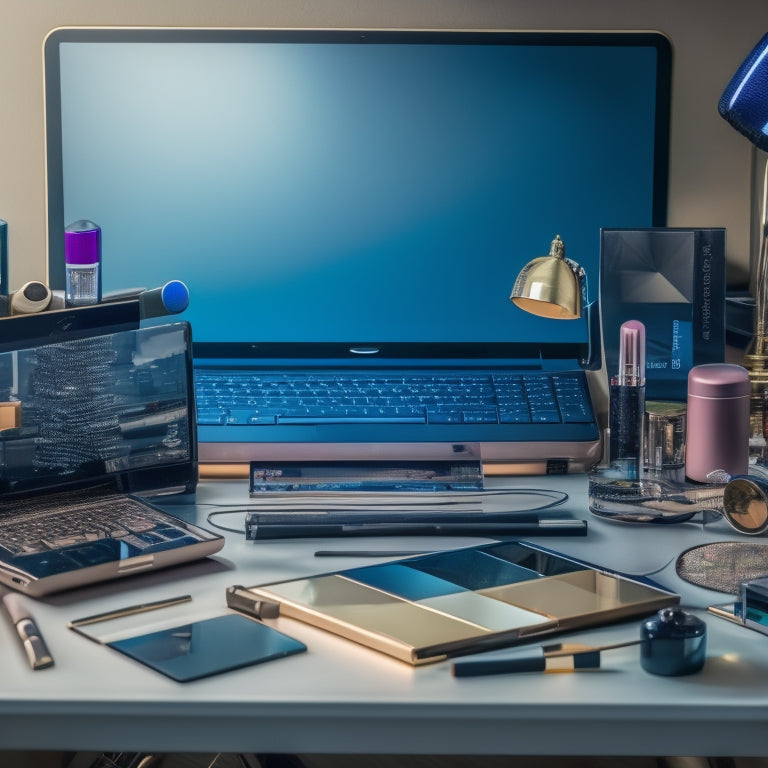 A cluttered, yet organized, makeup station with various digital devices, including a tablet with a color palette app, a smartphone with a makeup tutorial, and a laptop with a scheduling calendar open.