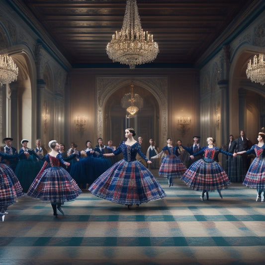 A whimsical illustration of a grand ballroom with intricately patterned wooden floors, adorned with tartan accents, featuring pairs of dancers in traditional Scottish attire, with flowing skirts and tartan sashes, twirling and leaping in joyful motion.