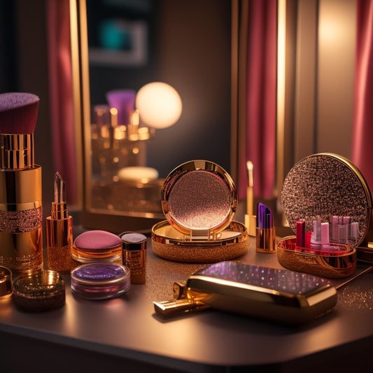 A glamorous, spotlight-lit vanity adorned with an array of colorful makeup products, brushes, and mirrors, surrounded by a halo of soft, golden light and subtle, shimmering glitter.