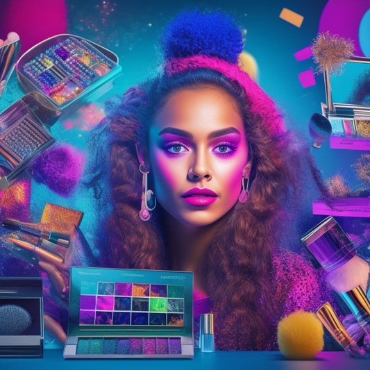 A vibrant, colorful illustration featuring a teenage girl in the center, surrounded by virtual screens displaying dance makeup tutorials, with makeup brushes, mirrors, and dance shoes scattered around her.