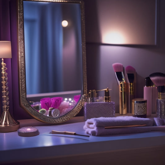 A clutter-free vanity with neatly organized makeup brushes, a timer, and a miniature dance-themed clock surrounded by sparkling dance costumes and a faint spotlight glow.