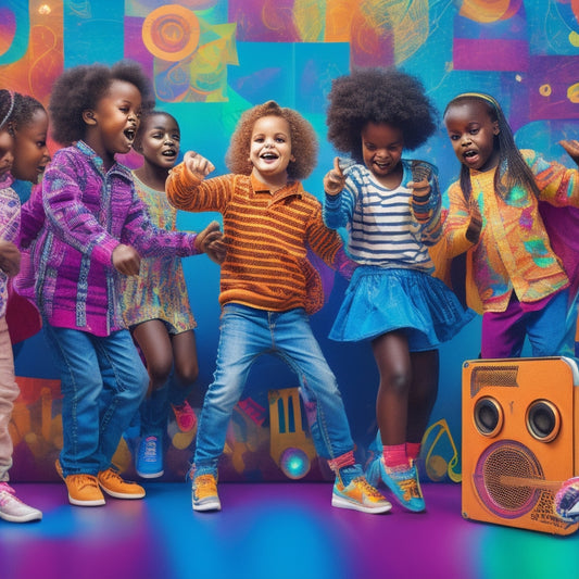 A vibrant illustration of a diverse group of happy children, aged 4-8, gathered around a boombox, dancing, clapping, and playing instruments, surrounded by colorful music notes and swirling patterns.