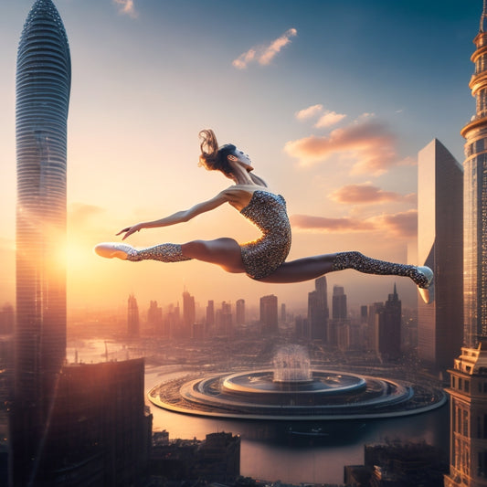 A futuristic, high-energy illustration featuring a ballet dancer in mid-air, surrounded by swirling digital code, gears, and clockwork mechanisms, with a subtle background of a cityscape at sunset.