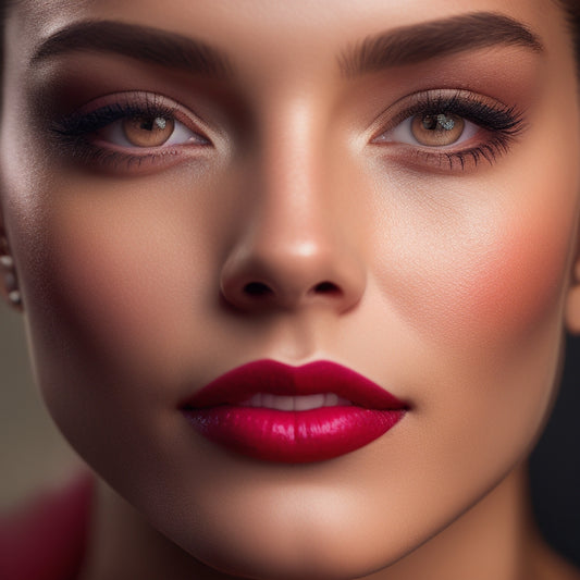 A close-up image of a dancer's face, showcasing a flawless, glowing complexion, with subtle highlighting on the high points of the face, and a bold, red lip color.