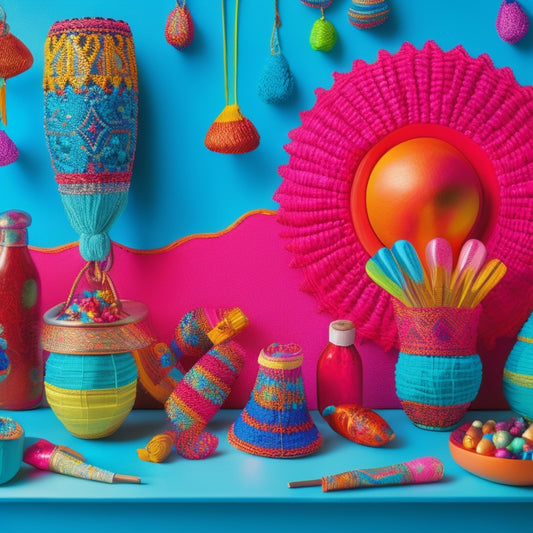 Vibrant, colorful maracas, sombreros, and piñatas surround a stylized, swirling calendar with seven days highlighted in bold, bright hues, set against a lively, gradient background of turquoise and orange.