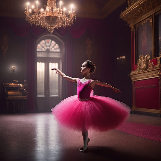 A spotlight shines on Isabelle, a young ballerina, standing confidently in a flowing pink tutu, surrounded by a darkened theater with red velvet curtains and a grand piano in the background.