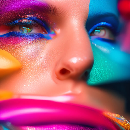 A close-up shot of a dancer's face, with a colorful, glittering eye shadow palette and various makeup brushes scattered around, surrounded by mirrors, headshots, and backstage makeup lights.