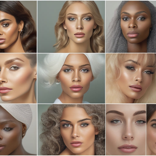 A split-screen image featuring a diverse range of face shapes (oval, round, square, heart, diamond) alongside corresponding wig styles and colors, with subtle, soft lighting and minimal background.