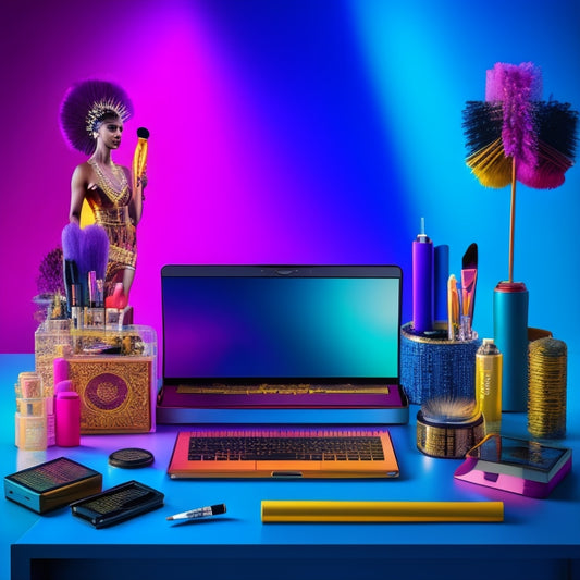 A colorful, dynamic illustration featuring a dancer's makeup station with various brushes, palettes, and mirrors, surrounded by laptops and tablets displaying online tools and tutorials.