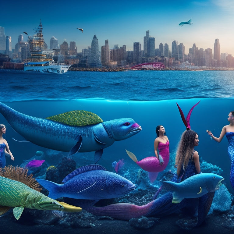 A vibrant illustration of mermaids, humans, and sea creatures marching together, holding signs made from recycled ocean trash, surrounded by a sea of plastic waste, with a subtle cityscape in the background.