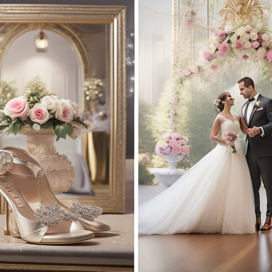 A whimsical illustration of a elegant wedding scene, with a bride and groom exchanging vows in the background, and a pair of dance shoes (ballet or tap) prominently displayed in the foreground, amidst wedding flowers and decorations.