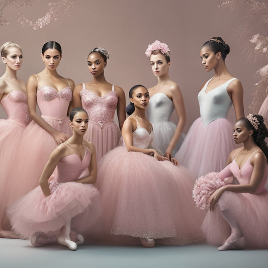 A serene, soft-focus illustration of a diverse group of ballerinas in various poses, showcasing different body types, with subtle hints of curves and varying bust sizes, set against a pale pink background with delicate, swirling patterns.