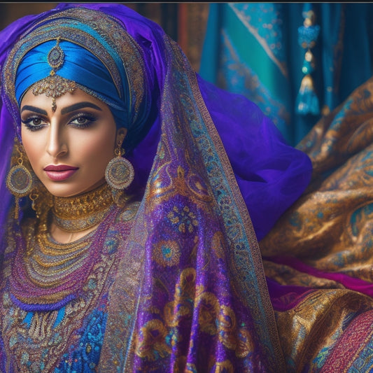A vibrant, ornate Middle Eastern-inspired background with intricate patterns and motifs, featuring a belly dancer's veil, finger cymbals, and a mesmerizing array of colorful scarves and fabrics.