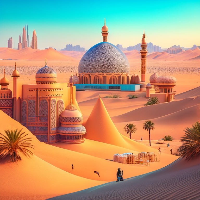A stylized illustration of a majestic desert landscape with a futuristic, modern cityscape rising from the dunes, featuring sleek skyscrapers, intricate Islamic architecture, and vibrant market stalls.