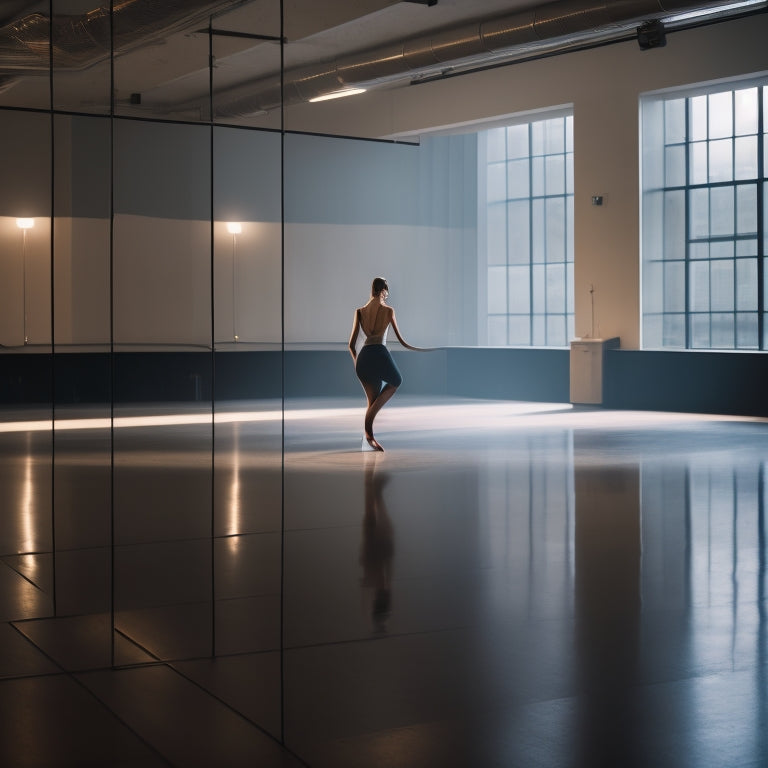 A dimly lit dance studio with a sleek, modern aesthetic, featuring a lone dancer in mid-pose, surrounded by mirrors, a wooden floor, and a few scattered dance shoes.