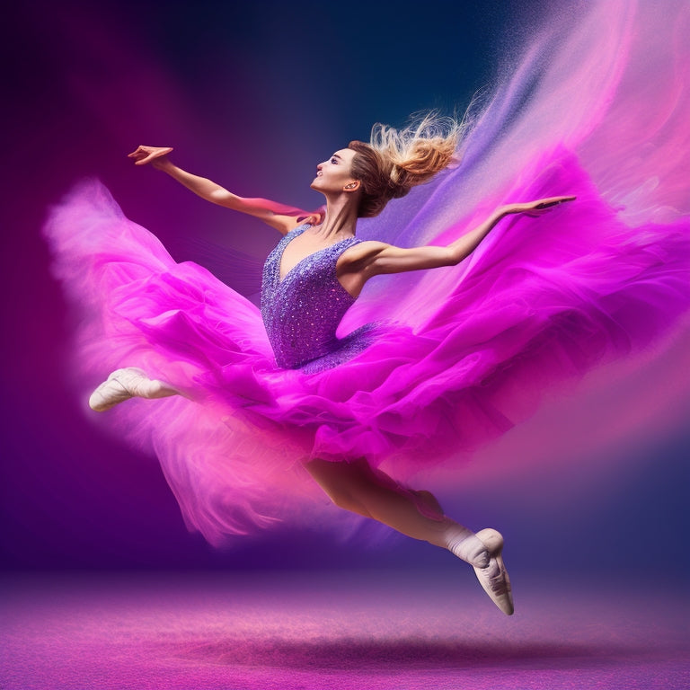 A whimsical illustration of a ballet dancer in mid-leap, surrounded by swirling brushstrokes in shades of pink, purple, and blue, with a subtle gradient background.