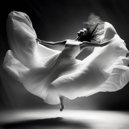 A whimsical, black-and-white photograph featuring a dancer in mid-air, surrounded by swirling fabrics and blurred limbs, with dramatic shadows and highlights accentuating the dancer's dynamic movement.