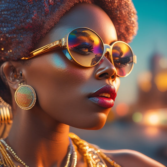 A bold, golden-lit portrait of Nzingha, surrounded by a halo of lipstick tubes, rhinestones, and vinyl records, with a cityscape at dusk reflected in her oversized, glamorous sunglasses.