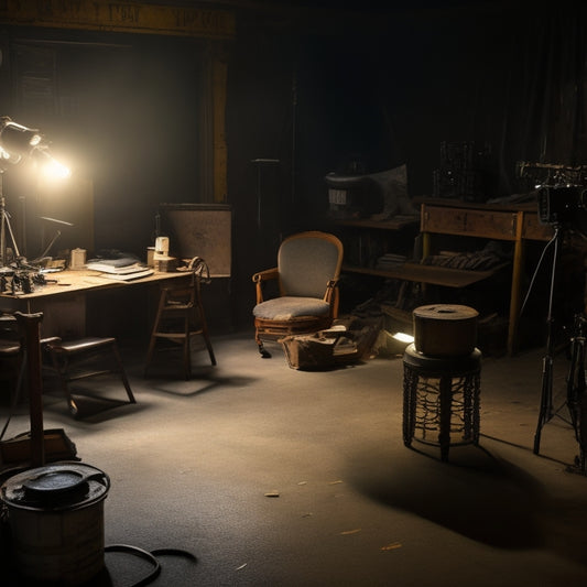 A dimly lit, cluttered, and cramped backstage area with broken spotlights, tangled cords, and scattered scripts, with a faint spotlight shining on a lone, worn-out director's chair in the center.