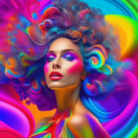 A surreal digital artwork featuring a female figure with vibrant, swirling hair and clothes that blend into a kaleidoscope of colors, surrounded by abstract shapes and dynamic, expressive lines.