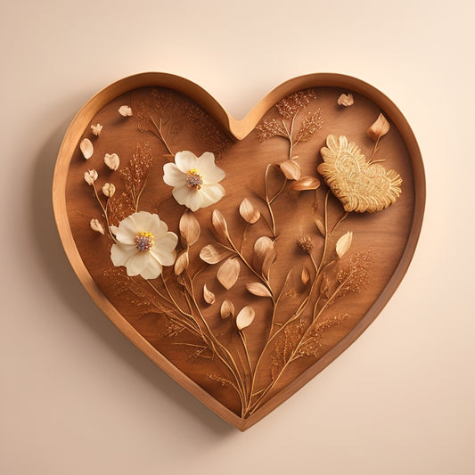 A warm, golden-lit, minimalist background features a custom-made, hand-painted, heart-shaped wooden art piece, adorned with intertwined names, special dates, and tender moments, surrounded by delicate flowers and leaves.