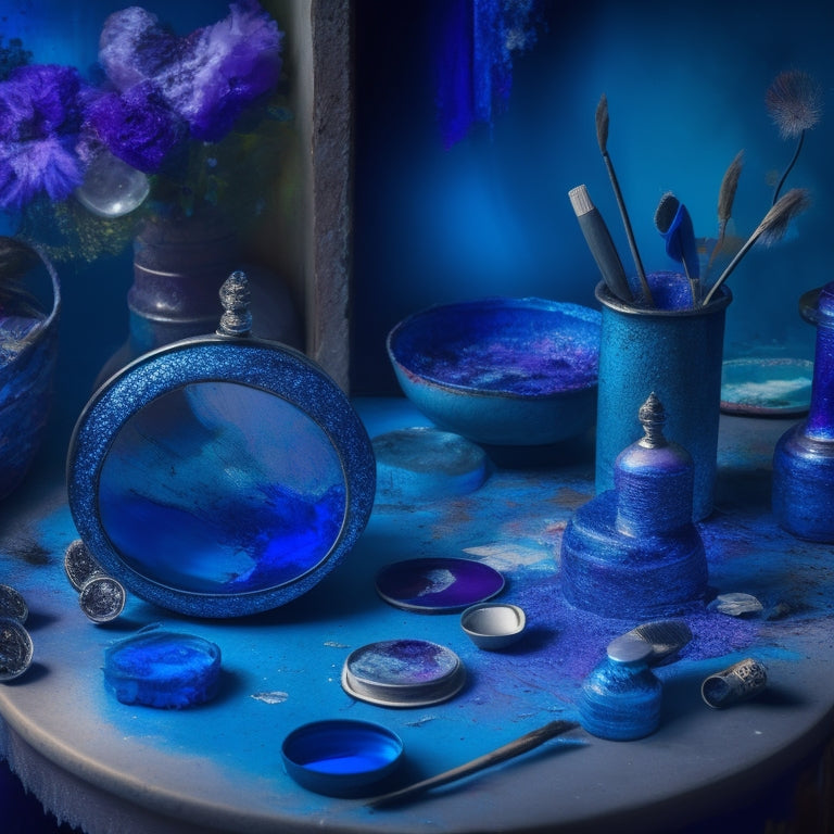 A dreamlike scene with swirling brushstrokes of iridescent blues and purples, surrounded by scattered paint tubes, broken ceramics, and fragmented mirrors, with a faint outline of a face in the center.