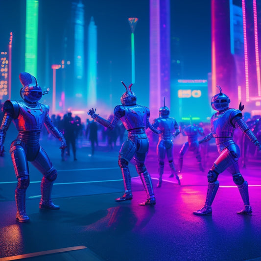 A vibrant, futuristic scene depicting BTS members dancing alongside sleek, shiny robots, surrounded by flashing neon lights, holographic screens, and a sprawling, high-tech cityscape at dusk.