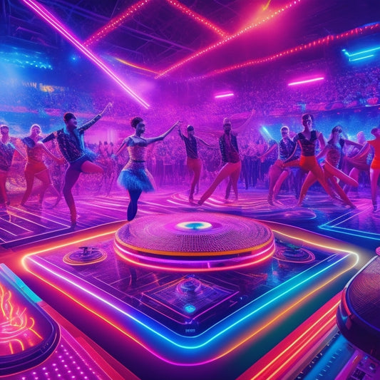 A vibrant, dynamic illustration depicting a futuristic dance floor with neon lights, surrounded by dancers in various styles, from breakdancers to ballerinas, amidst DJ equipment and vinyl records.