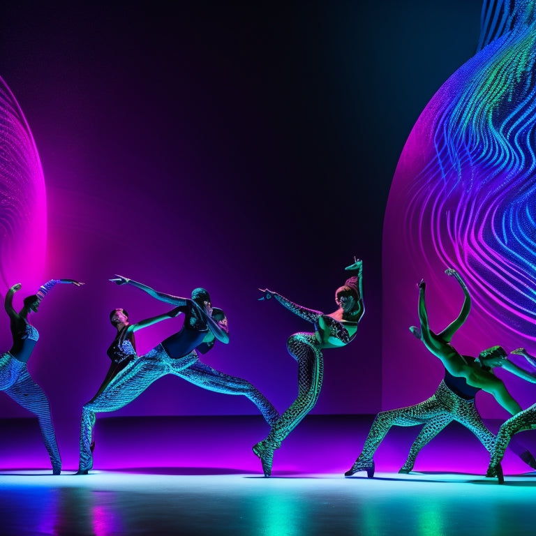 A dark blue to black gradient background with 5-7 bold, black silhouettes of dancers in dynamic, abstract poses, surrounded by swirling, curved drill-inspired patterns in neon pink and green.