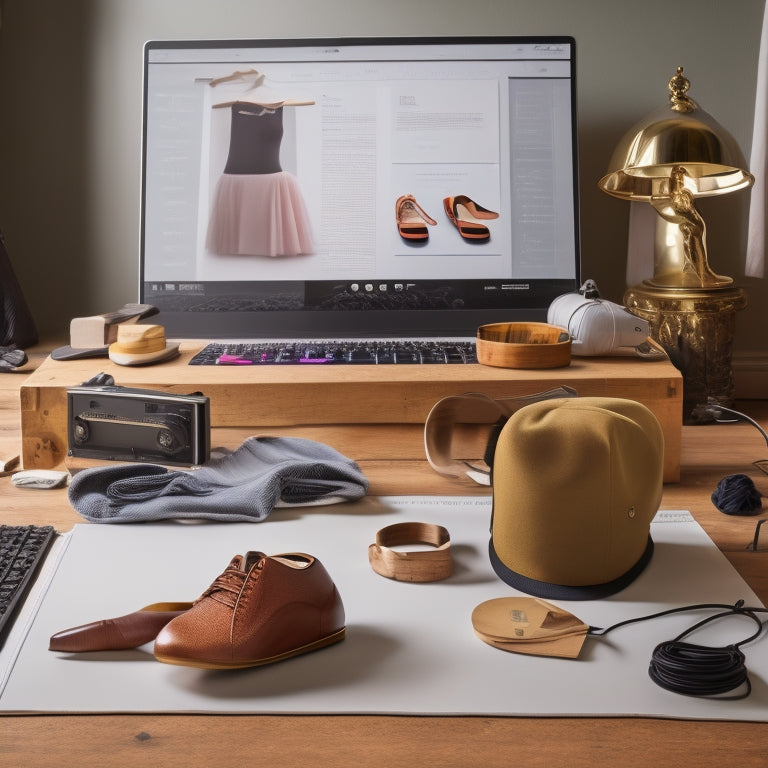 A stylized dance studio with a laptop and headphones on a sleek wooden table, surrounded by dance-inspired props like ballet shoes, a tap hat, and a few scattered dance notes.