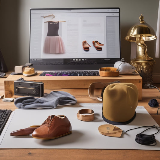 A stylized dance studio with a laptop and headphones on a sleek wooden table, surrounded by dance-inspired props like ballet shoes, a tap hat, and a few scattered dance notes.