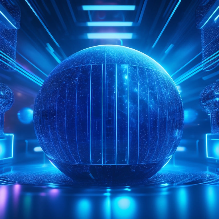 A futuristic, dark-blue background with sleek, silver circuits and neon-lit grids, surrounded by floating, glowing orbs and holographic screens displaying futuristic product designs.