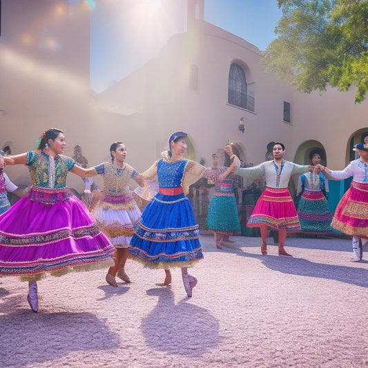 A vibrant, colorful illustration featuring a group of diverse students from Southwest Secondary, dressed in traditional Latinx attire, performing a lively ballet folklorico dance together in a festive, sunlit courtyard.