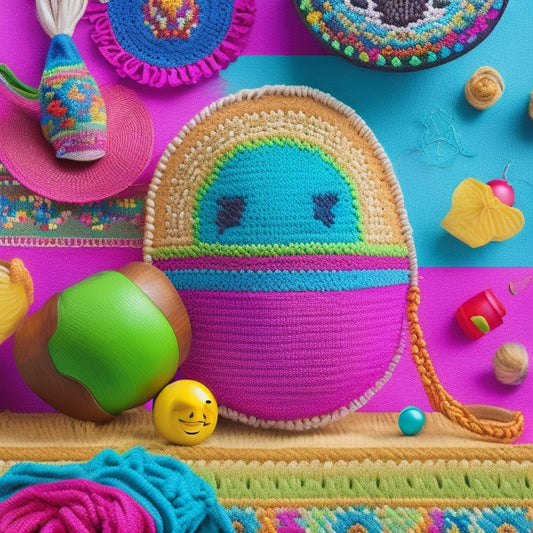 A vibrant, whimsical illustration featuring a salsa-dancing emoji, surrounded by colorful cross-stitch patterns, with salsa-inspired accessories like maracas and a sombrero, set against a bright, gradient background.