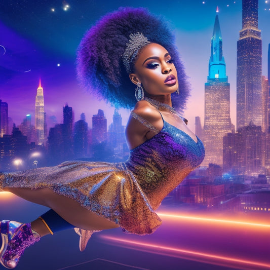 A vibrant illustration featuring a young dancer in a trendy outfit, surrounded by social media icons, hashtags, and sparkles, with a cityscape or nightclub-inspired background, conveying energy and creativity.