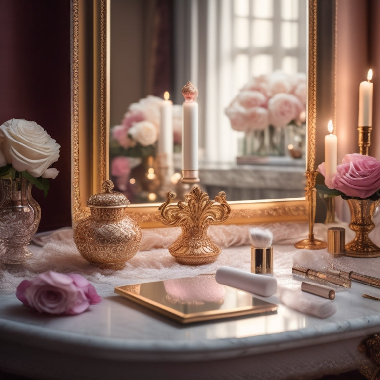 A soft, golden-lit vanity setup with a beautiful, porcelain-skinned bride-to-be, surrounded by elegant makeup brushes, delicate lace, and scattered rose petals, with a stunning, ornate mirror reflecting her flawless, radiant complexion.