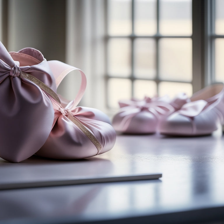 A close-up of graceful ballet shoes with elegant arch enhancers, set against a soft, blurred studio backdrop. Delicate ribbons entwined around slender ankles, capturing the essence of ballet's artistry and athleticism.