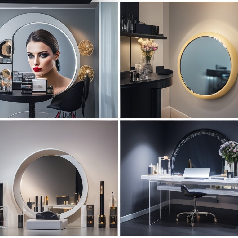 A sleek, modern beauty studio with a large, circular mirror reflecting a stunning makeup look, surrounded by digital tablets and laptops displaying various makeup designs and products.