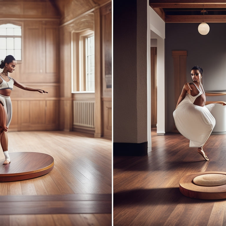 A split-screen image featuring a dancer standing on a wooden floor with a traditional turning board beside them, juxtaposed with the same dancer using a modern, sleek, and circular turning board on a marley floor.